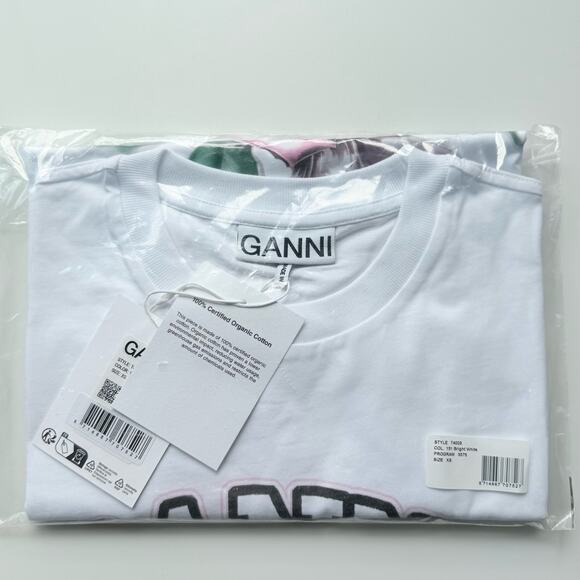NWT Ganni White Basic Jersey Rose Relaxed Graphic T-shirt Size XS‎ - Picture 2 of 5